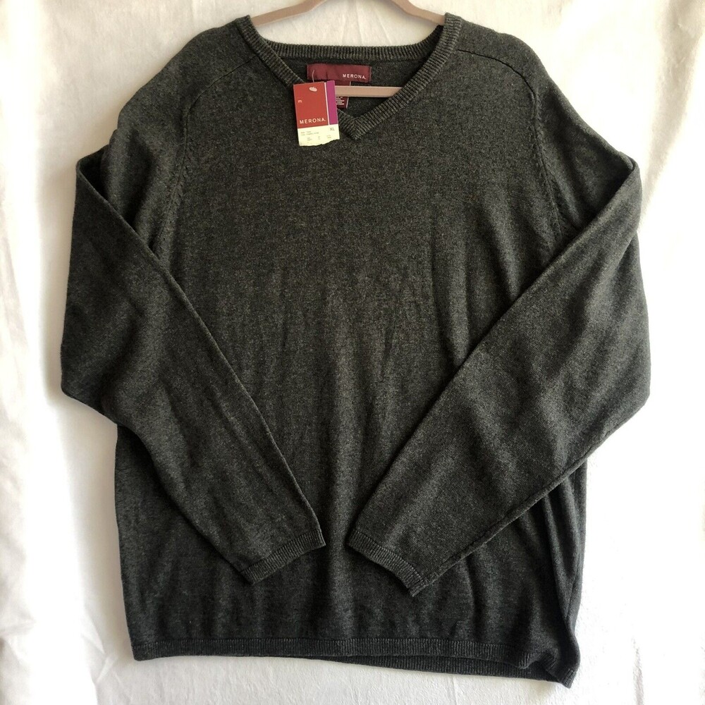 NWT Merona Gray Wool/Cotton Blend Men's Long-Sleeve V-Neck Sweater XL